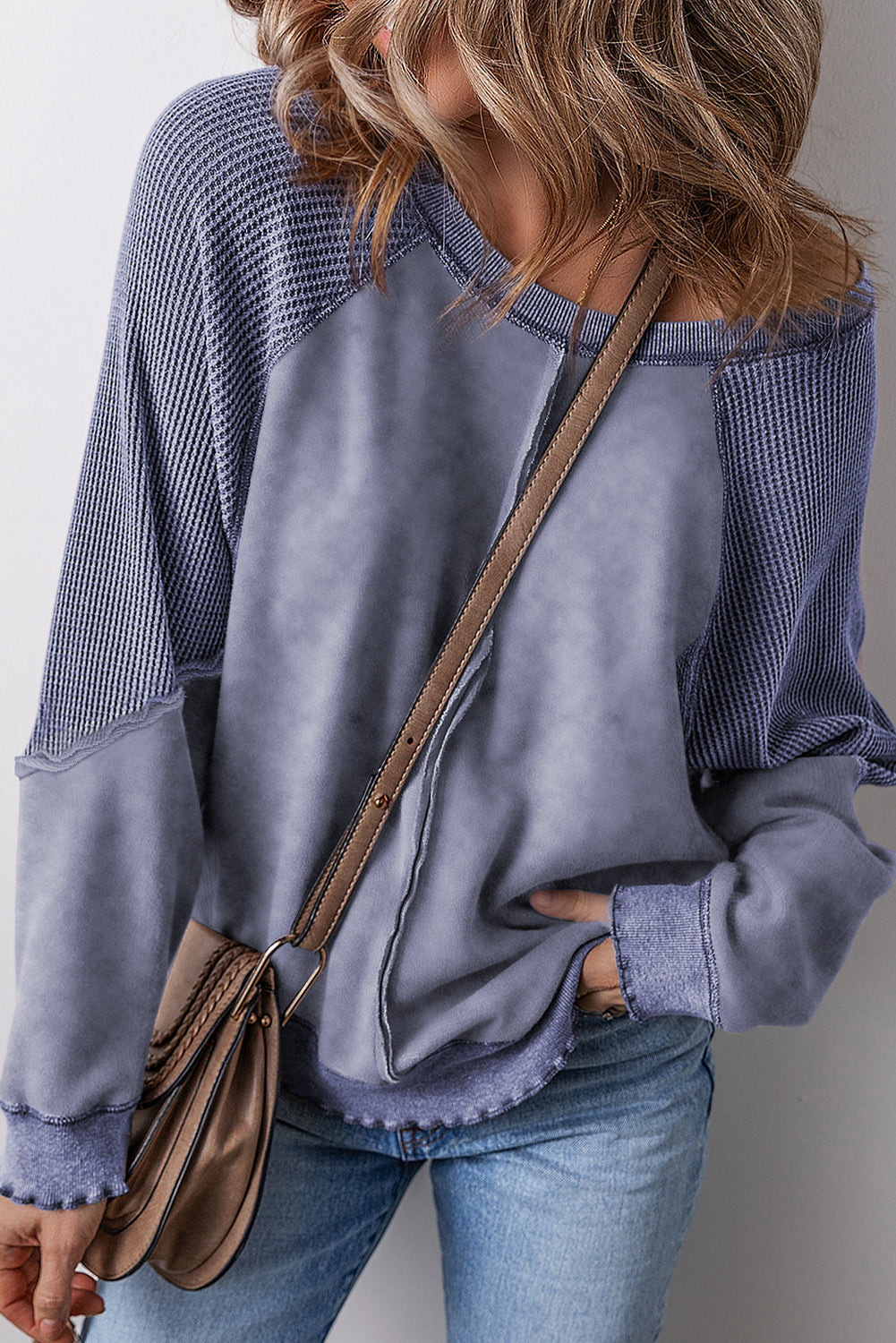 Waffle Knit Patchwork Raglan Sleeve Sweater