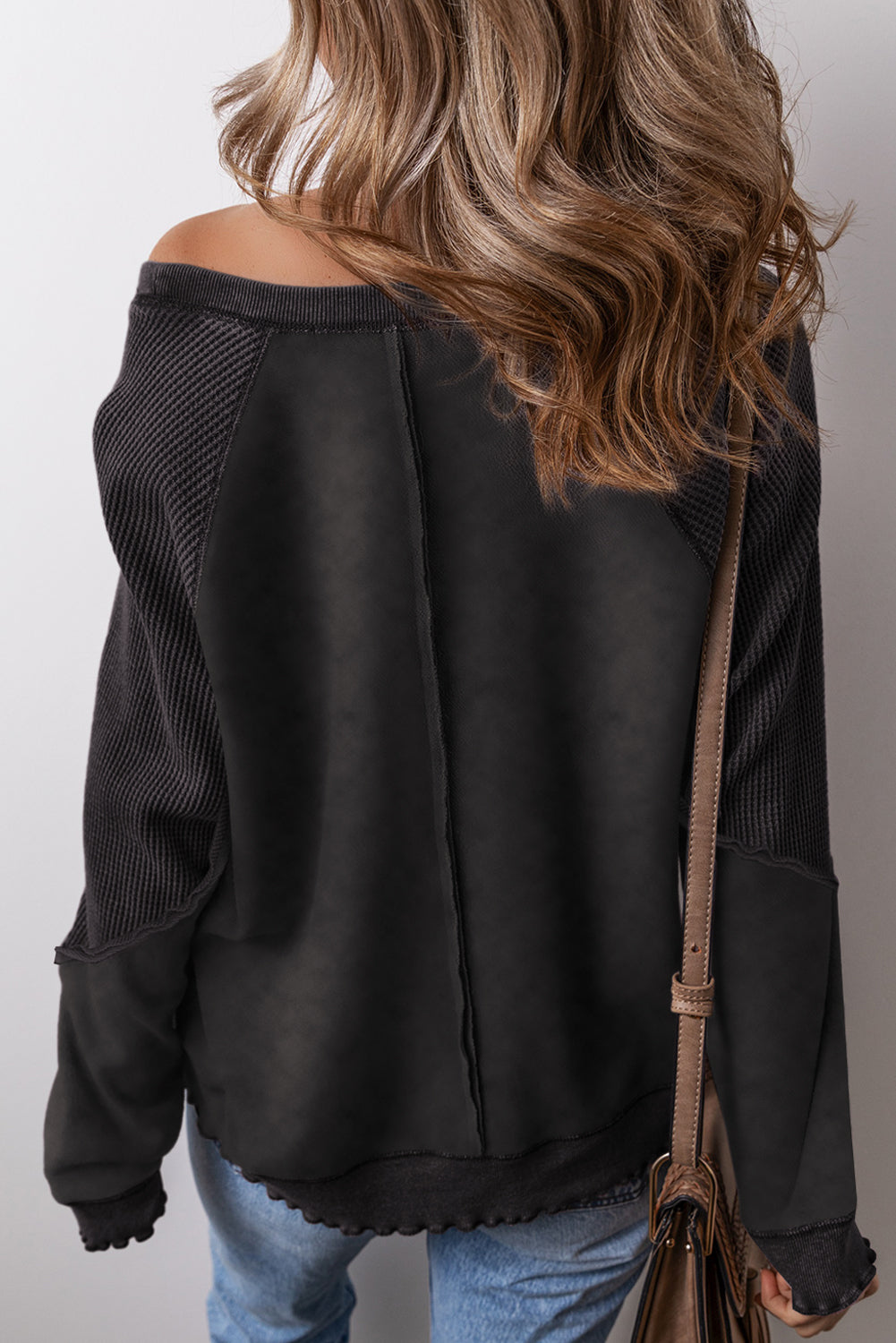 Waffle Knit Patchwork Raglan Sleeve Sweater