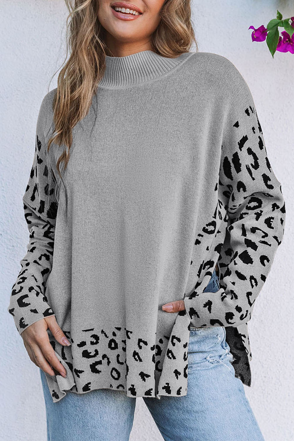 Leopard High Neck Side Slit Oversized Sweater