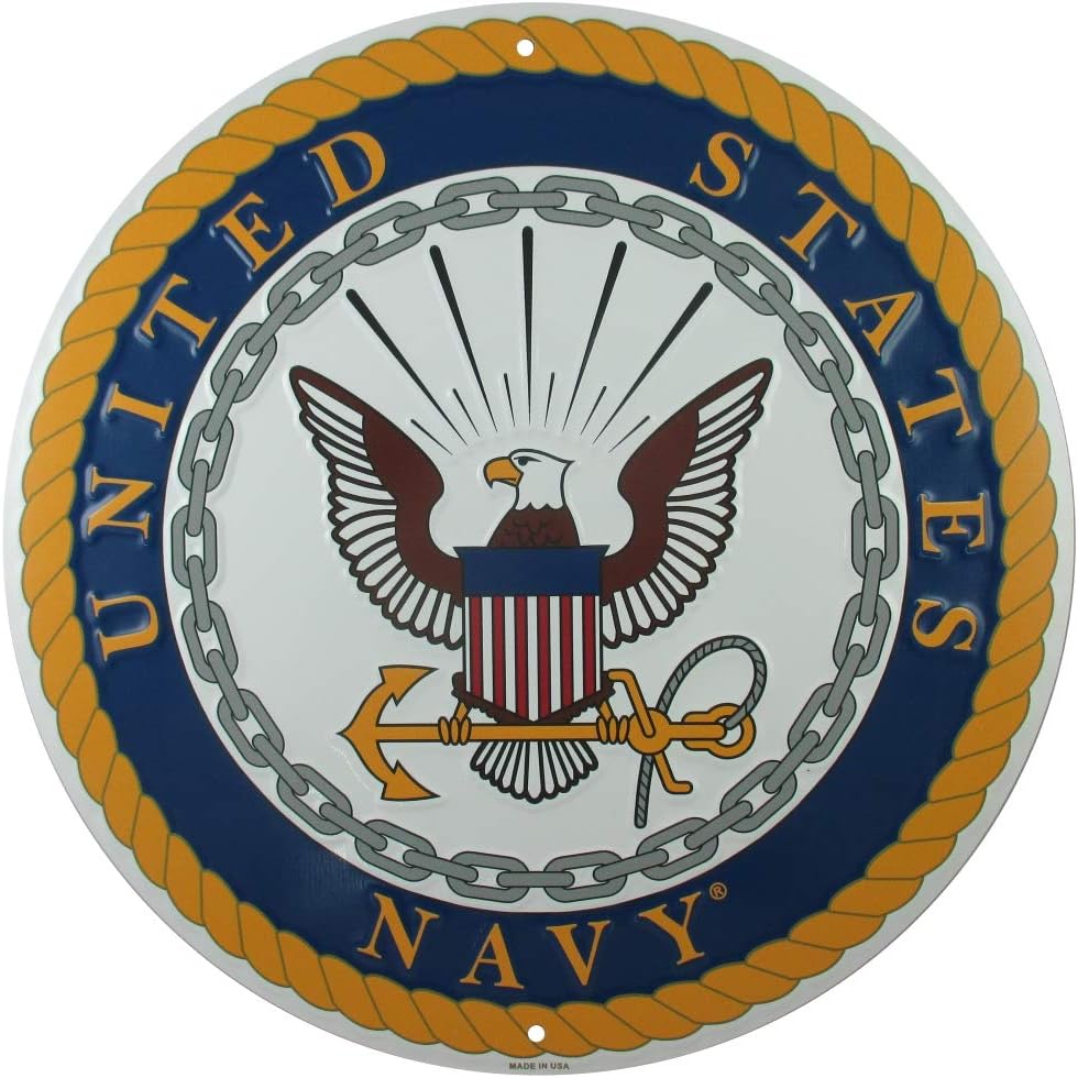 United States Navy Logo Metal Sign, 12 Inch Round Embossed Aluminum Emblem, US Military Service Branch Wall Decor