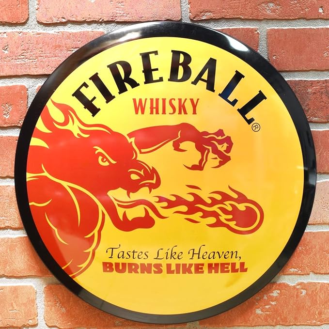 Fireball Whisky Tin Dome Button Sign Garage Man Cave Bar Pub Whiskey Wall Decor