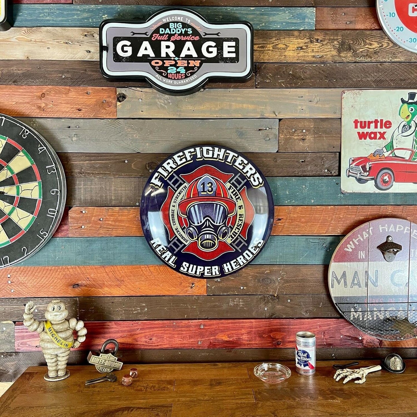 Firefighters Dome Shaped Metal Sign Wall Decor for Bar, Garage, or Man Cave (15")