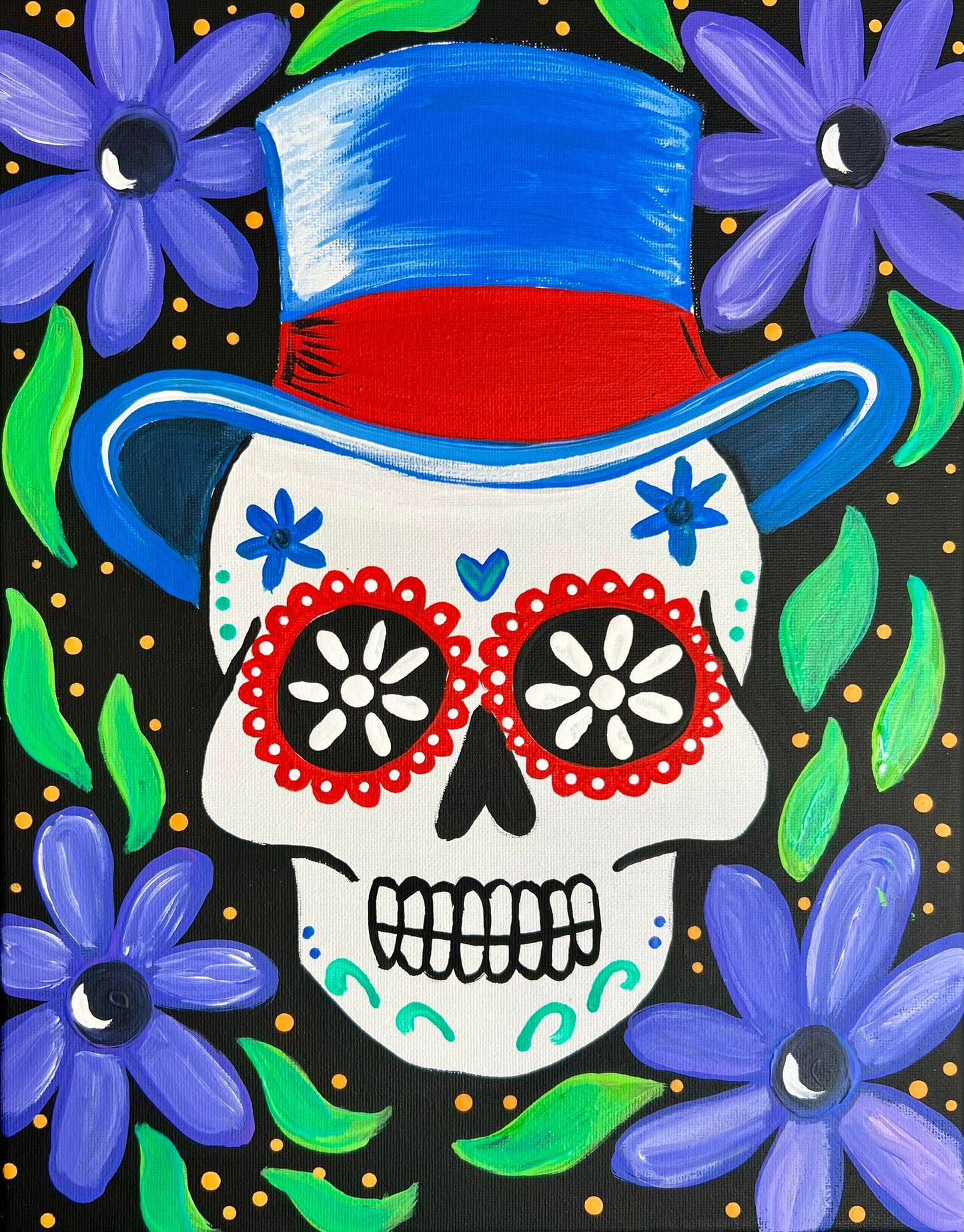 Colorful skull with a blue top hat surrounded by purple flowers on a black background