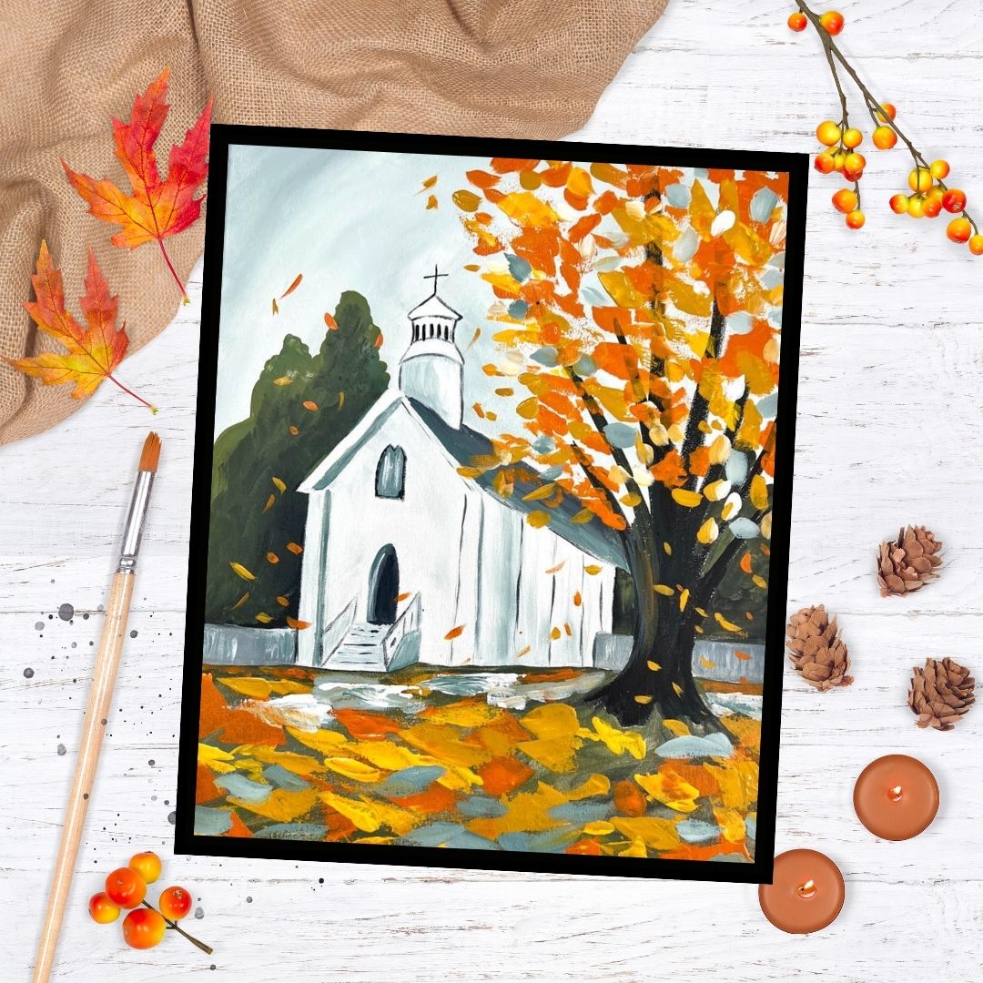 Autumn Church 11 x 14 Canvas Ready to Paint
