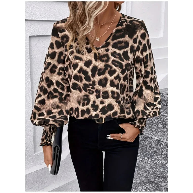 Leopard Printing V-neck Blouse Shirt