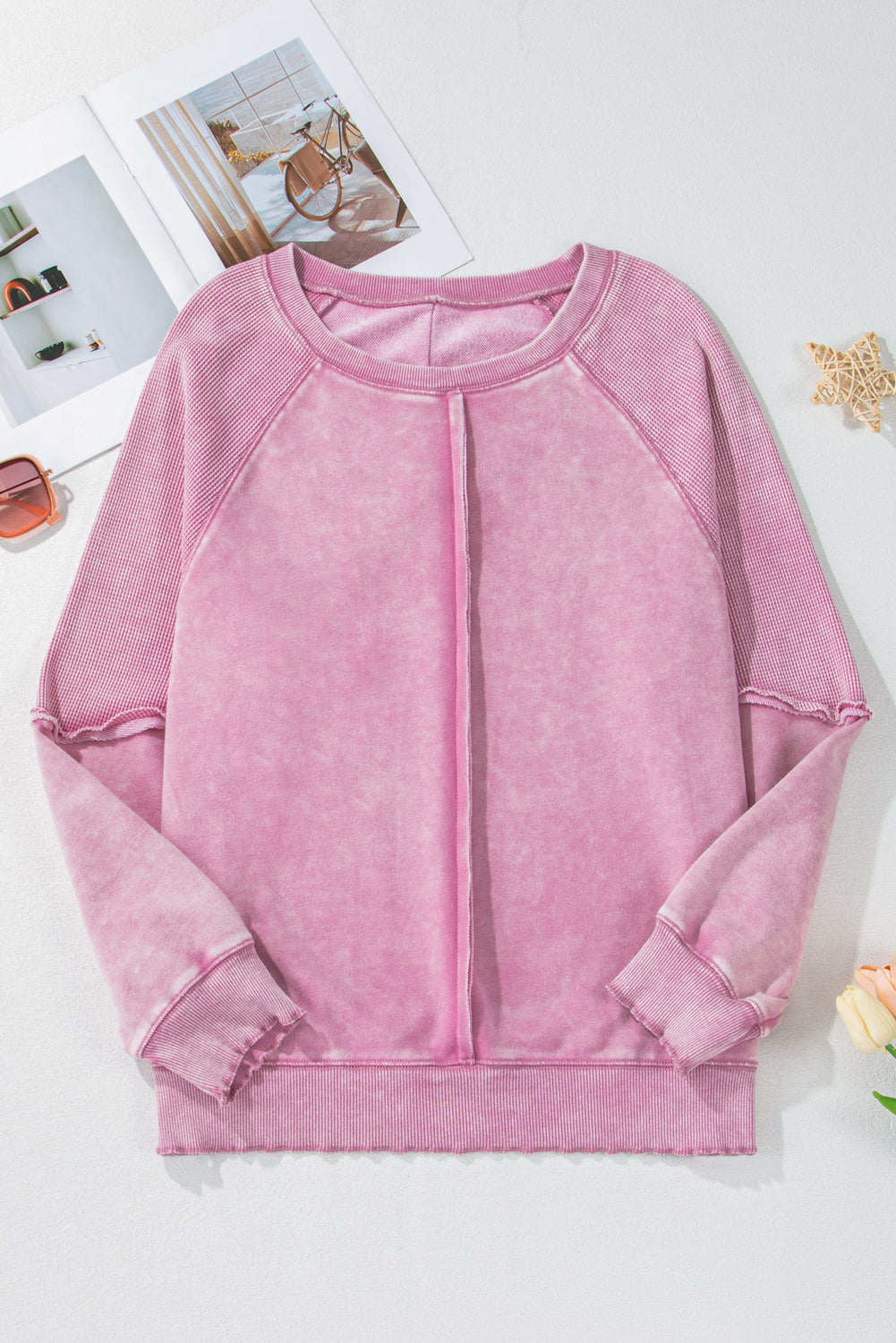 Waffle Knit Patchwork Raglan Sleeve Sweater