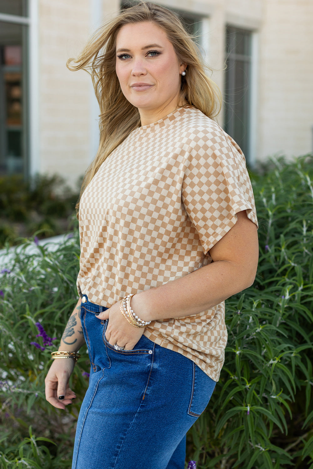 Khaki Checkerboard Short Batwing Sleeve Round Neck Plus Size Top