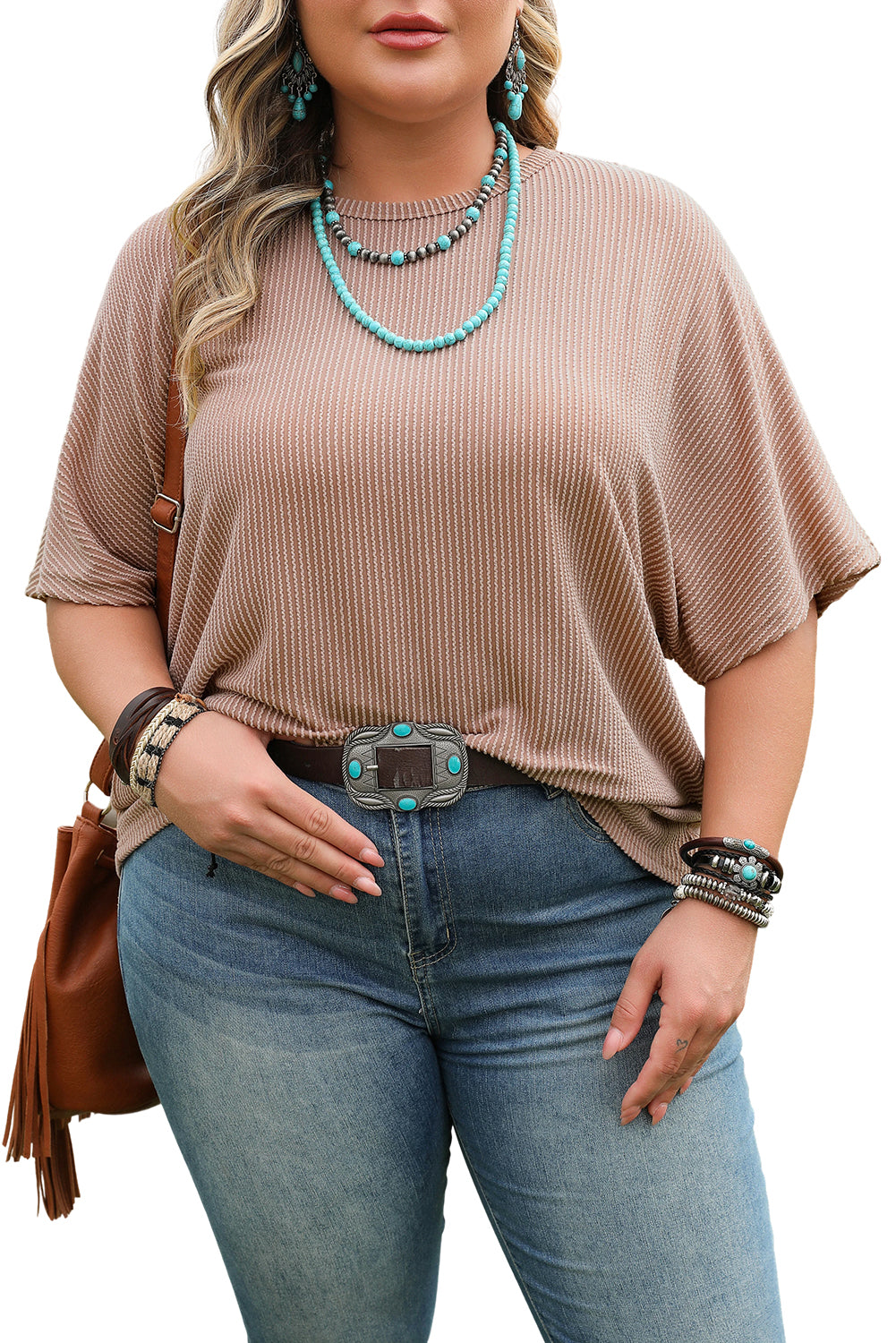 Smoke Gray Ribbed Striped Crew Neck Plus Size Knit T Shirt