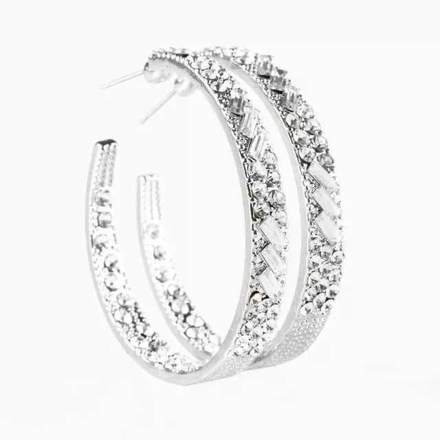 White Clear Rhinestone Hoop Earrings