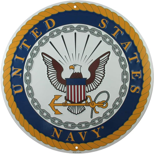 United States Navy Logo Metal Sign, 12 Inch Round Embossed Aluminum Emblem, US Military Service Branch Wall Decor