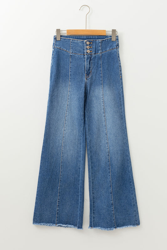 High Waist Button Fly Seamed Raw Hem Flare Jeans