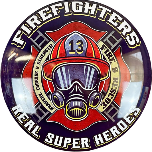 Firefighters Dome Shaped Metal Sign Wall Decor for Bar, Garage, or Man Cave (15")