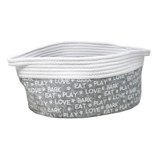 Winifred and Lily 16"x12" Grey Felt and Rope Circular Pet Storage Bin with Love, Bark, Play Print Design