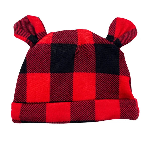 Chick Pea 2 Pc Red & Blk Checkered Ultra Cozy Soft Fabric Baby Onesie and Beanie
