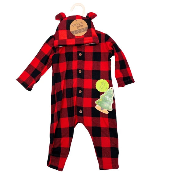 Chick Pea 2 Pc Red & Blk Checkered Ultra Cozy Soft Fabric Baby Onesie and Beanie