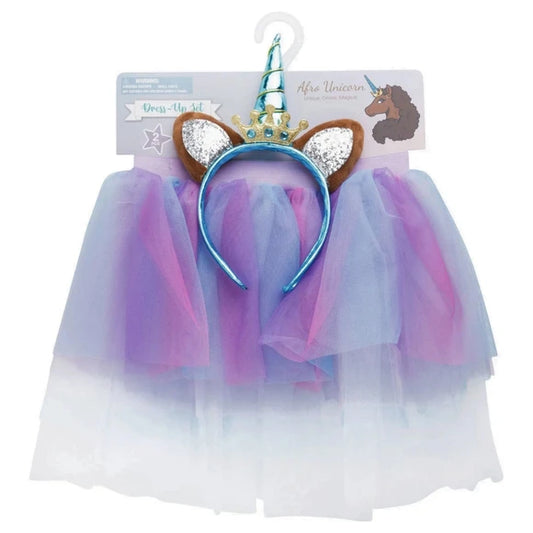 Afro Unicorn 2 Piece Dress Up Set with Colorful Skirt and Unicorn Hairband