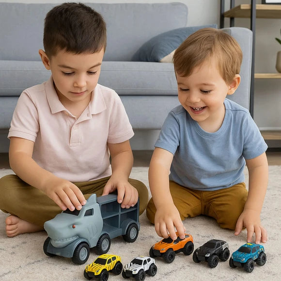 Shark Head Truck with Six Cars in Cargo Carrying Storage Box Case