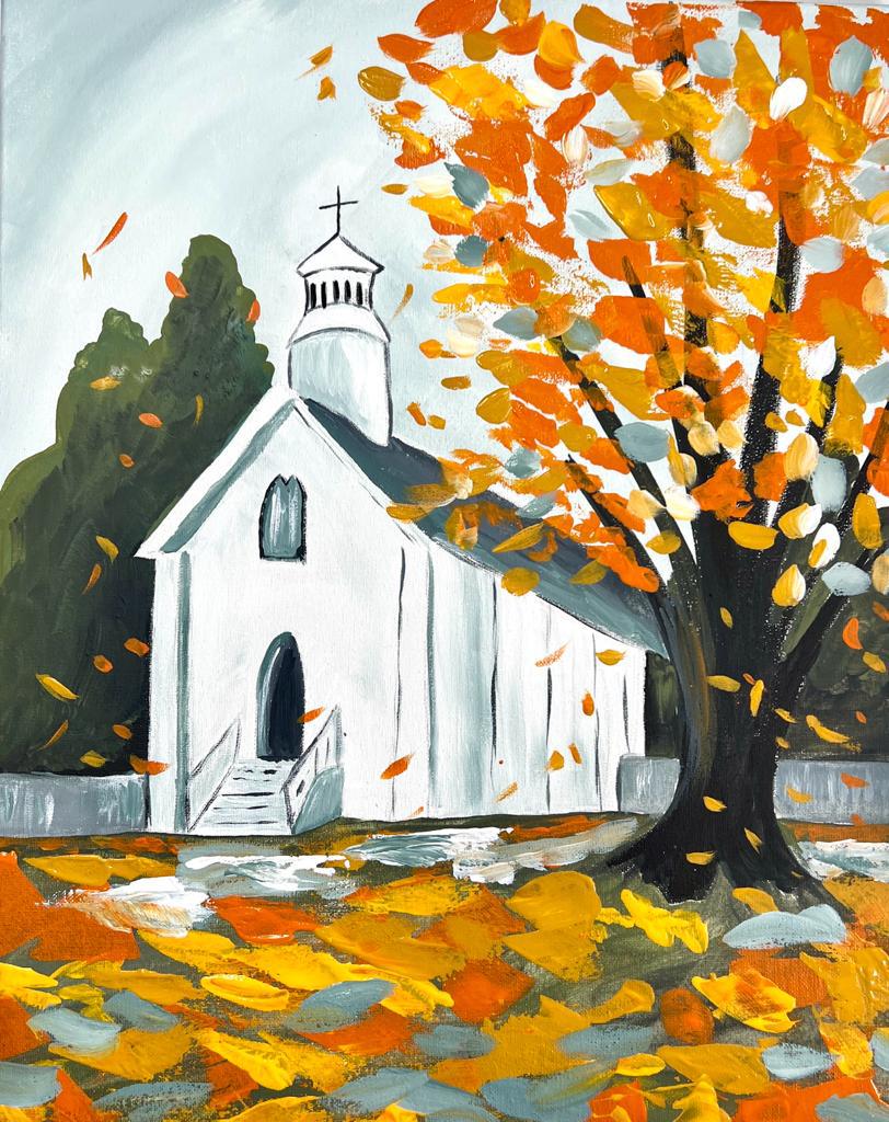Autumn Church 11 x 14 Canvas Ready to Paint