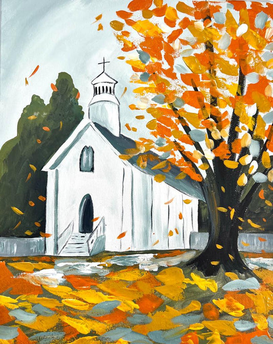 Autumn Church 11 x 14 Canvas Ready to Paint