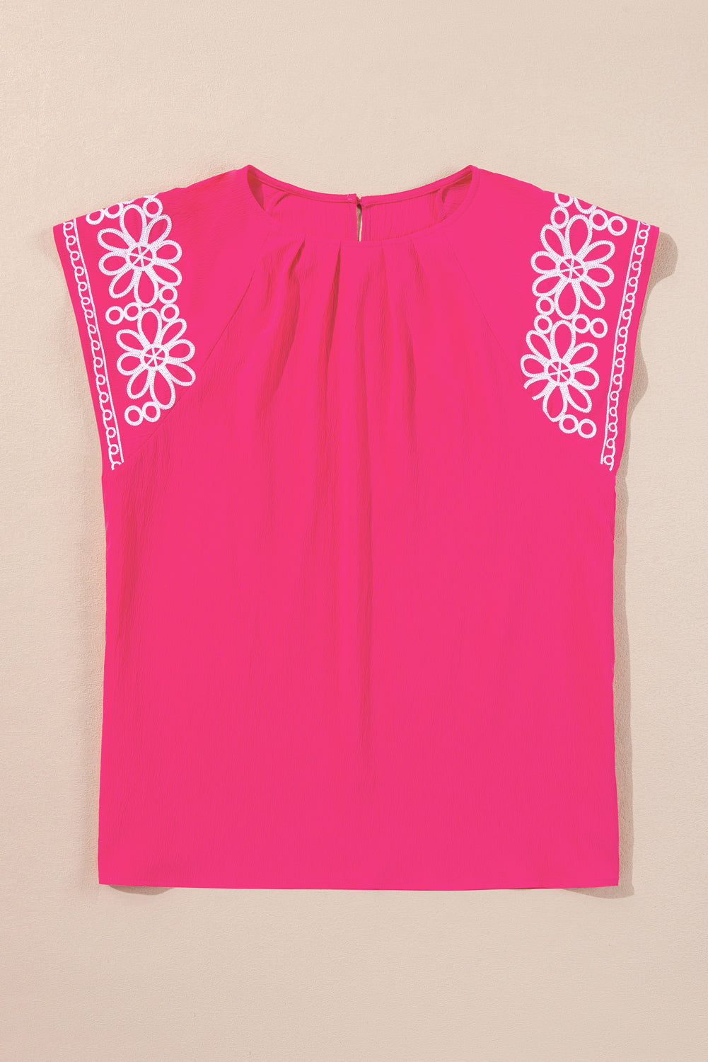Strawberry Pink Floral Embroidered Flutter Sleeve Pleated  Plus Size Blouse